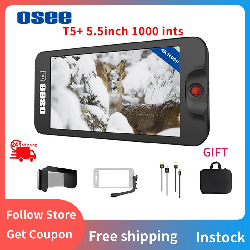 

OSEE T5 Plus 5.5 Inch 4K HDMI DSLR Camera Monitor 1920x1080 IPS FHD in Including Kit 3D Lut Cables Tilt Arm And Sunshade