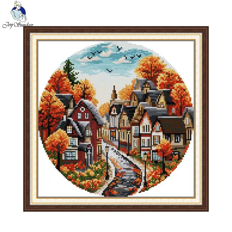 Joy Sunday Cross Stitch Kit Autumn Streets HD 16/14/11CT Counted Printed Canva DIY Hand Embroidery Kit Room Decoration DIY Craft cross stitch kit