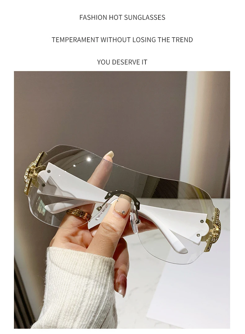 Oversized Y2k Rimless Sunglasses Women Big Frame One Piece Brand Designer Sun Glasses Punk Rhinestone Clear Shades Beach_voghion.com