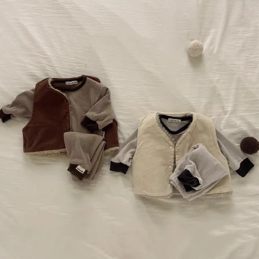 가을 겨울 어린이 단색 두꺼운 긴팔 티셔츠 정장, 소년  면 캐주얼 상의 및 바지,  패션 티 세트, 2 개