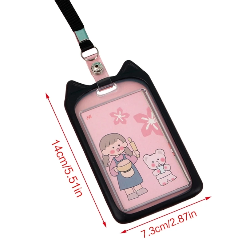 Cartoon Silicone Card Cover Cat Ear Badge Holder Vertical with Lanyard Neck Strap for Cat Lovers