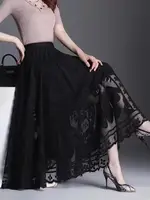 Plus Size Women Lace Skirt Women Niche Autumn New Mid-length Skirt with Large Hem Mesh and Empty Elegant Pleated Vintage Skirt 1