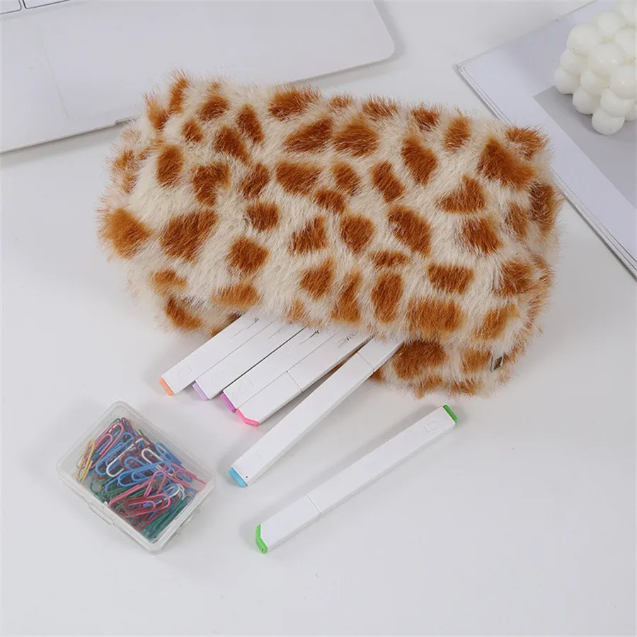 Leopard Soft Plush Travel Cosmetic Lipstick Brush Storage Bag Toiletry Kit Women Makeup Handbags Organizer Pouch Bag Pencil Case 4