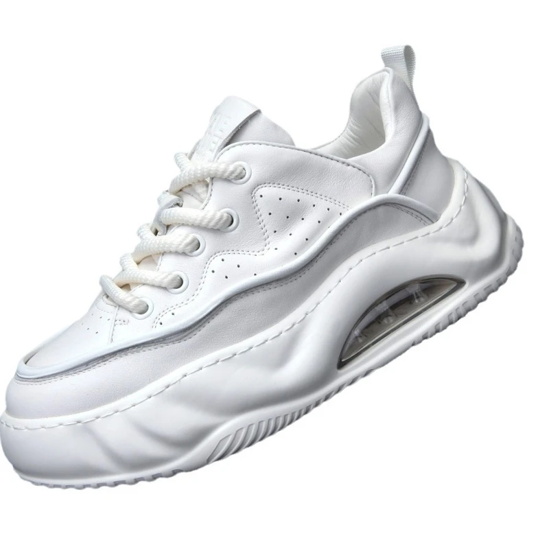 

Genuine Leather Increased Casual Sneakers Shoes for Men Autumn Breathable Sports Board Shoes Thick Soles White High Tides Shoes