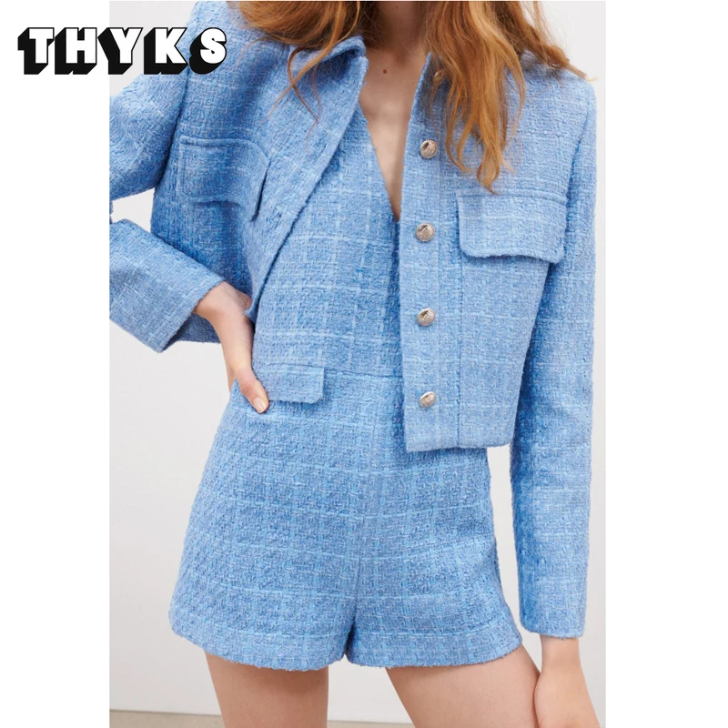 

Retro Trendy Tweed Women's Jacket+jumpsuit Autumn Winter Fashion Blue Temperament Short Slim Fitting Small Suit+V-neck Jumpsuit