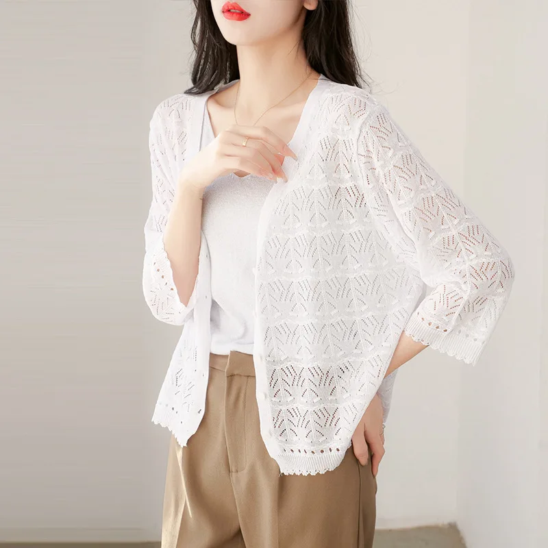 

2024 Summer New Women's Fashion Thin Hollow Knitted Cardigan Female Short Temperamental Loose Air-Conditioner Sunscreen Shirt