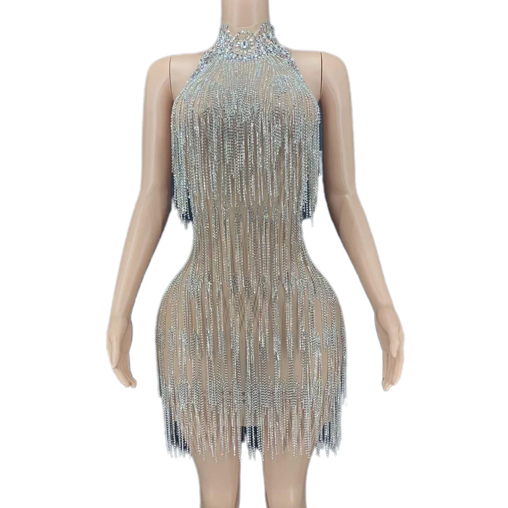 

Блестящее сексуальное платье стразы с кисточками и открытой спиной для женщин Одежда для Бальных комнат джаз костюм для сцены певицы одежда для вечеринки ночного клуба