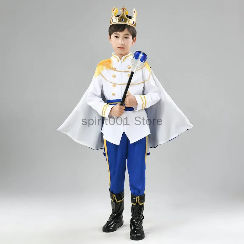 

Halloween Costumes for Kids Prince Cosplay Costume Children Deluxe Medieval King Jacket With Cape Pants Crown Mace Suit Boys