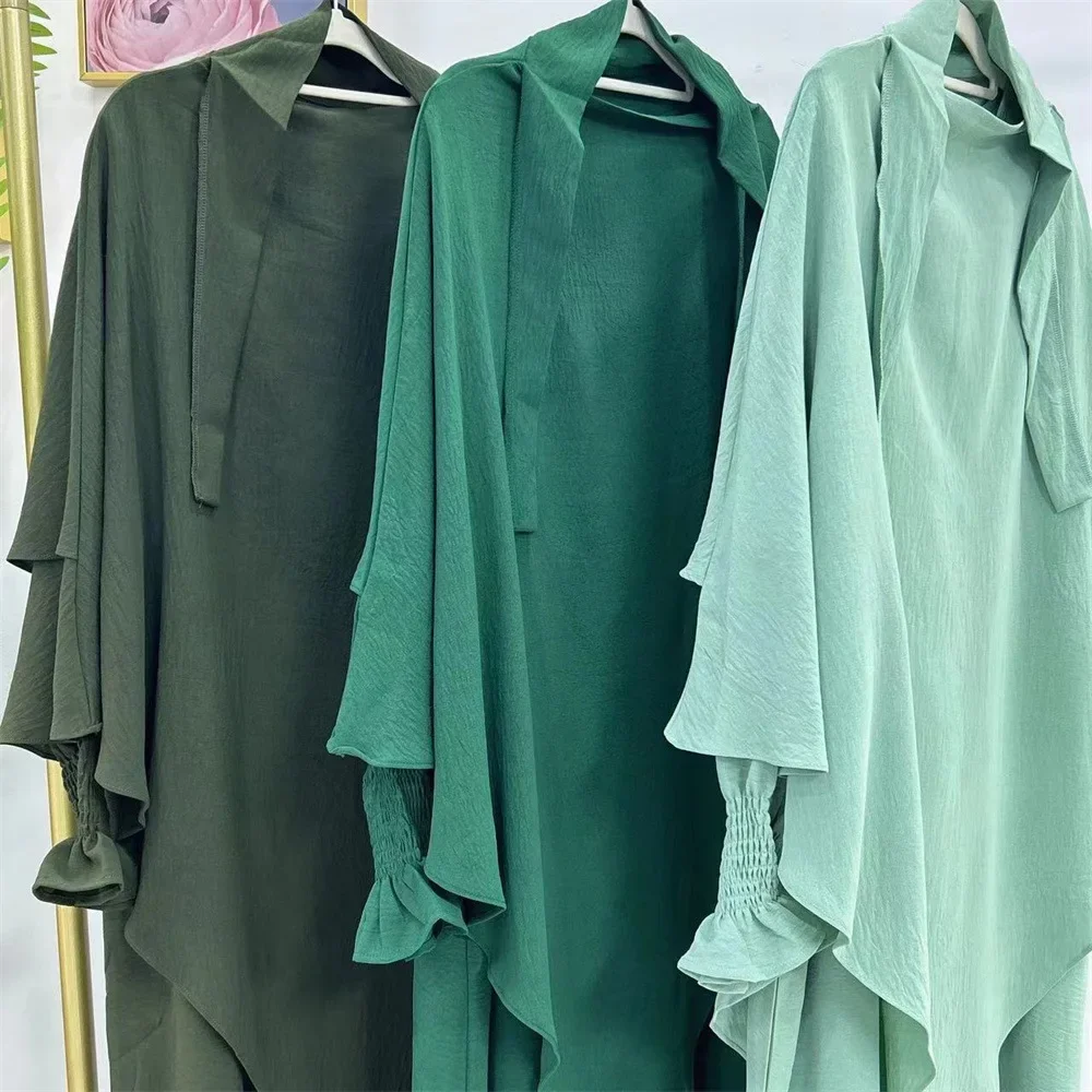 Khimar Set 2 Piece Abaya Crinkle Fabric Smocked Cuff Dress+Two Layer Hijab Scarf Muslim Women Prayer Dress Islamic Clothes Dubai