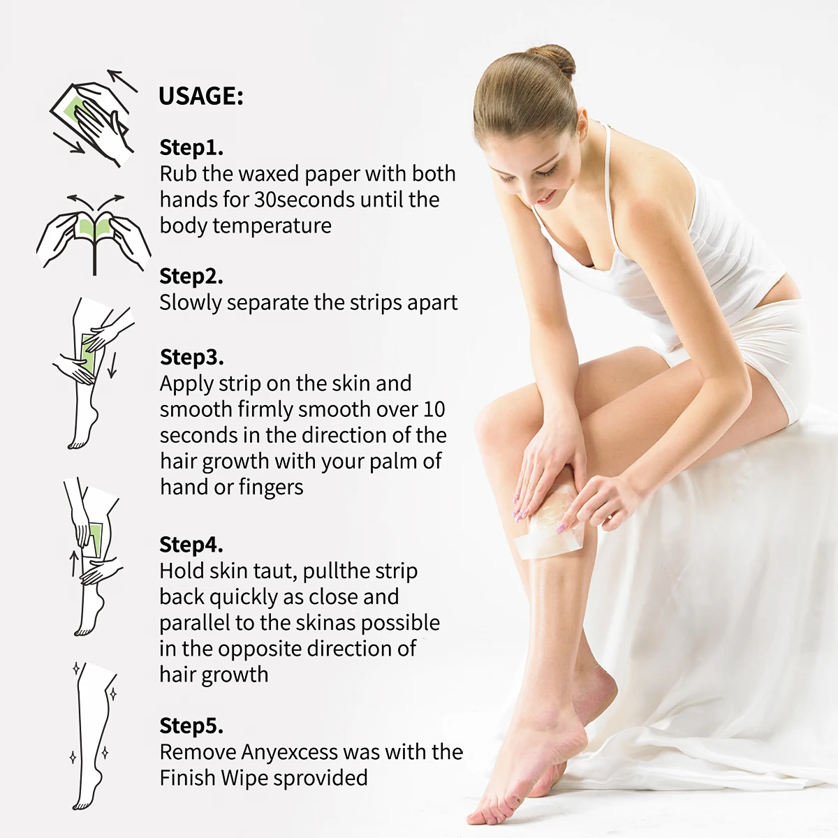 Wax Strips for Hair Removal Double-Side Long Lasting Depilation Women Safe Paper Legs/Bikini/Arm/Neck 5pcs