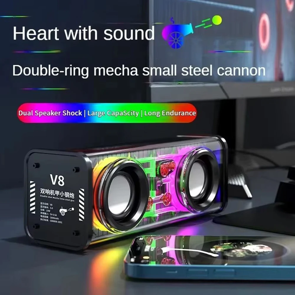 V8 Transparent Mecha Speakers Bluetooth 5.0 Wireless Double Bass Diaphragm Subwoofer Music TWS RGB Light Mini Party Loudspeaker