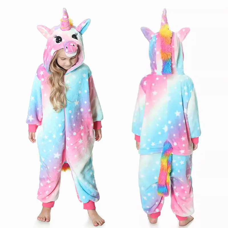 Unicorn Kigurumi for Kids Onesies Winter Flannel Warm Pajamas Animal Lion Dinosaur Hooded Sleepwear Jumpsuit Cospaly Costumes kids pajamas