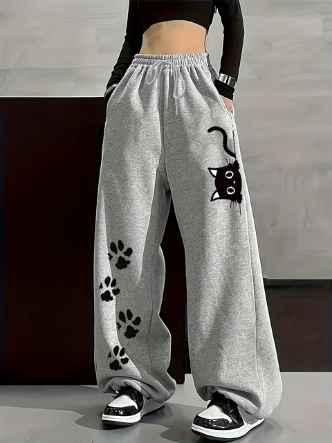 Women's Plus-size Street Style Casual Sweatpants with Cat Paw Print Autumn and Winter Fleece Loose Fit Streetwear Oversized