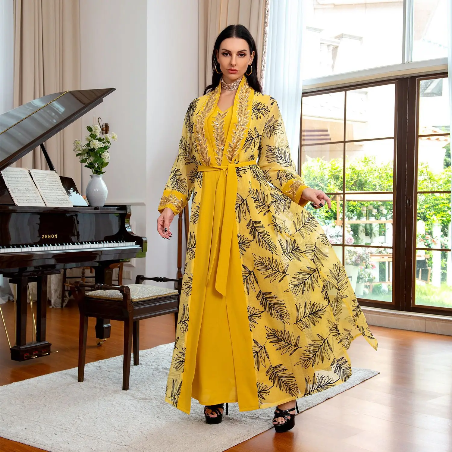 2 Piece Suit Embroidery Guipure Lace V-Neck Full Sleeve Elegant Casual Belted Clothing for Islamic Gulf Women Muslim Dress Set