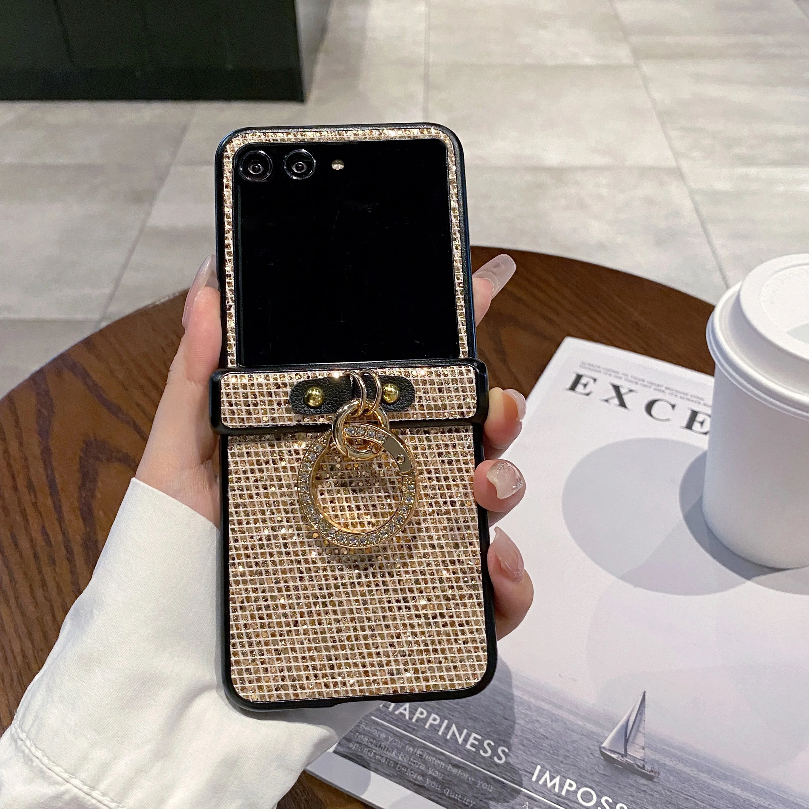 Sparkling Grid Pattern Phone Case with Fashion Faux Diamond Ring Buckle - Hard Shell Design
