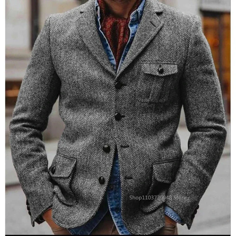 Herringbone Men's Jacket Single Breasted Elegant Casual Slim Stage Suit Jackets Suite for Man New in Suits and Blazers Male Coat 2