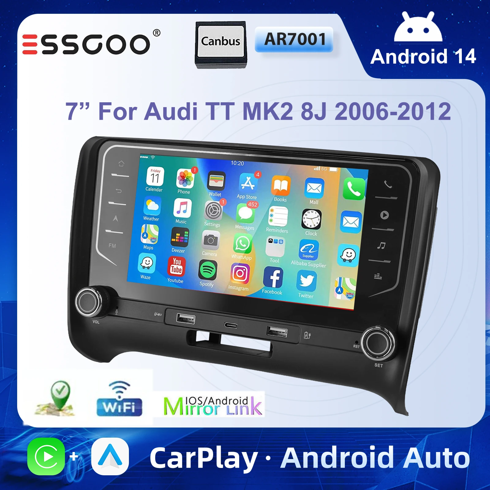 ESSGOO 7" Touchscreen For Audi TT MK2 8J 2006-2012 Car Stereo Radio Apple Carplay Android auto Android14 GPS NAVI WIFI SWC BT FM