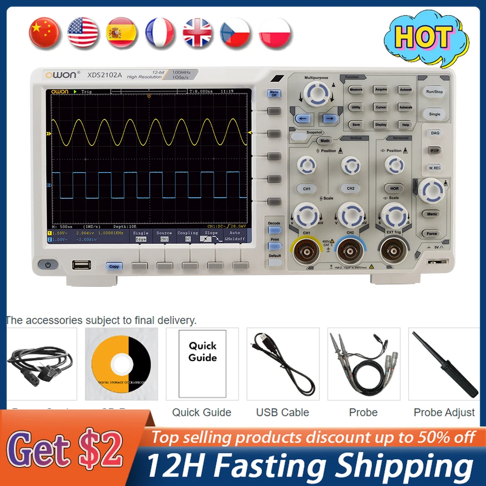 OwonXDS2102AOsiloscopioDigitalOscilloscope1GSs100MHz2CH20Mpts