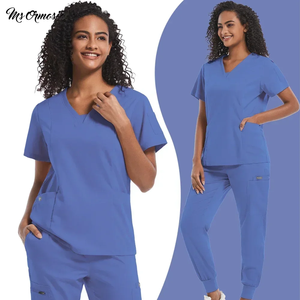 women loungewear tracksuit two piece pants set crop top korean outfit clothes pantalones ropa de mujer joggers suits conjuntos Medical Scrubs Uniform Women Nurse Scrub Set Unisex Pocket Top Zipper Pants 2 Piece Joggers Suits Nursing Operating Room Clothes