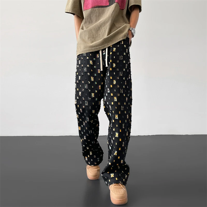 Cotton Casual Pants for Men Fashion Retro Colored Plaid Streetwear Hip-hop Loose Hollow Out Hole Trousers M-3XL casual pants