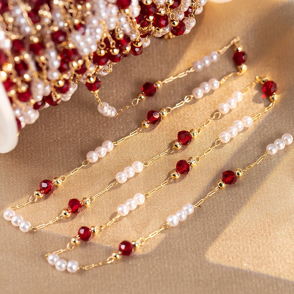 50 سنتيمتر/100 سنتيمتر تقليد اللؤلؤ النحاس سلسلة الأحمر الزجاج حبة سلسلة سوار ذاتي الصنع قلادة مستلزمات صناعة المجوهرات