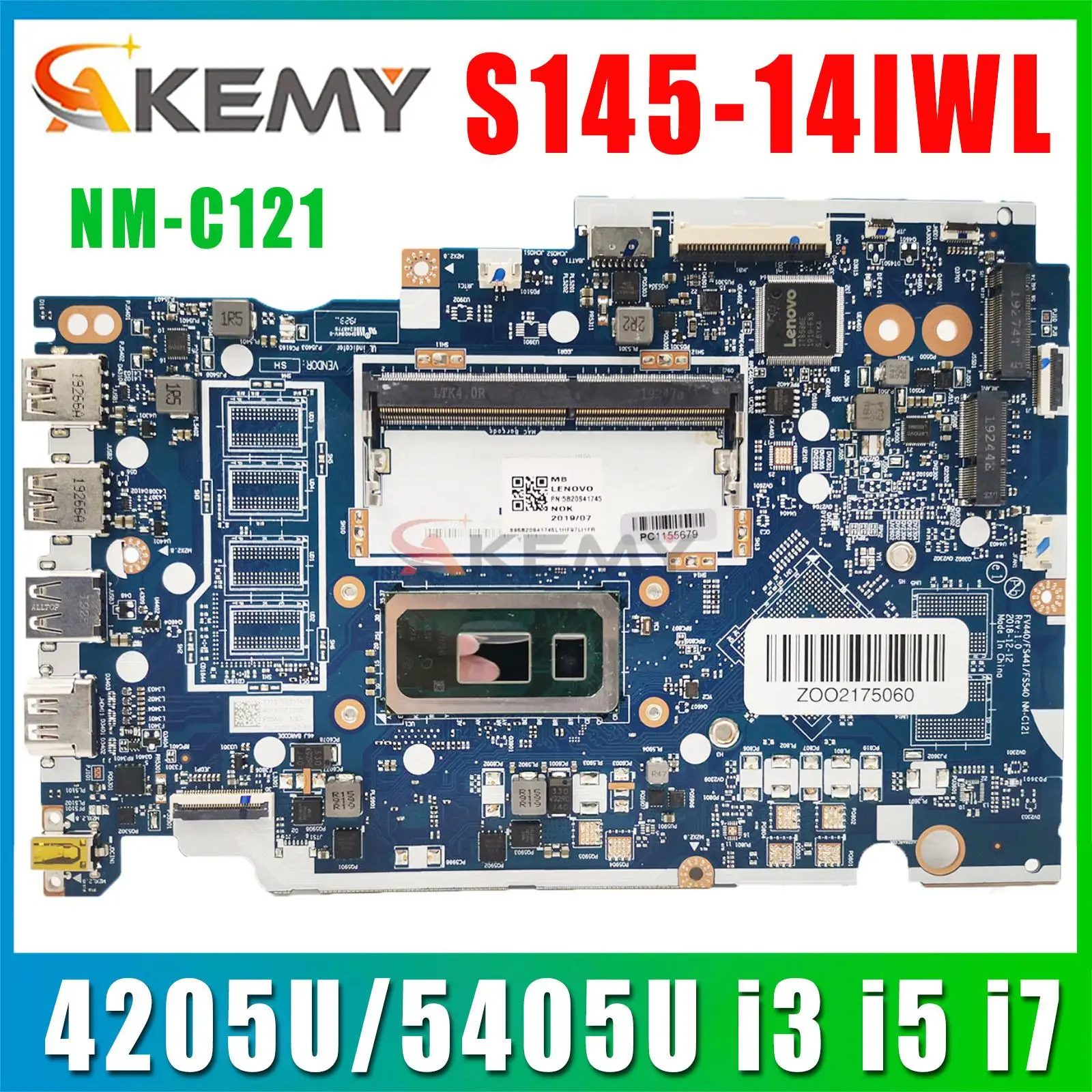 For Lenovo Ideapad S145-14IWL V14-IWL Laptop motherboard FV440 FS441 FS540 NM-C121 With 4205U/5405U i3 i5 i7 CPU for lenovo ideapad 520 15ikb laptop motherboard with i5 8250u cpu 4gb ram ddr4 n17s g1 a1 mx150 gpu nm b452 fru 5b20p99233