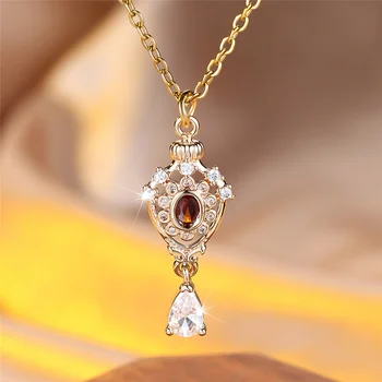 Female Crystal Red Zircon Stone Oval Pendant Necklace Vintage Round Gold Color Wedding Jewelry For Women