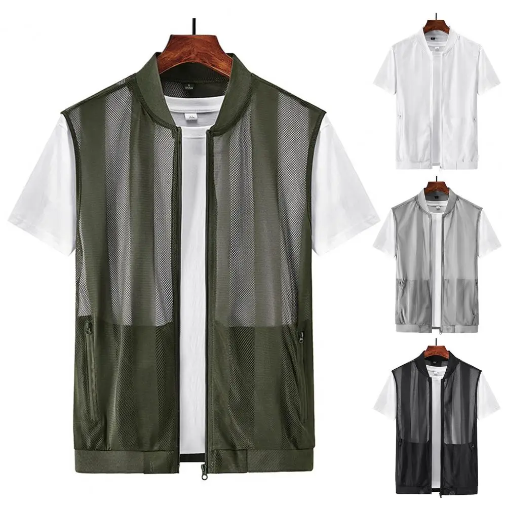 Description Picture 2 of itemBaseball Collar Sleeveless Pockets Zipper Placket Fishing Vest Summer Men Mesh Hollow Waistcoat