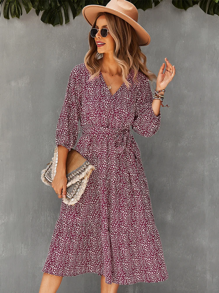Autumn Winter Long Leopard Print Dress Women 2022 New Casual V Neck Three  Quarter Sleeve Bandage Maxi Dresses Female Leisure - AliExpress 200000345
