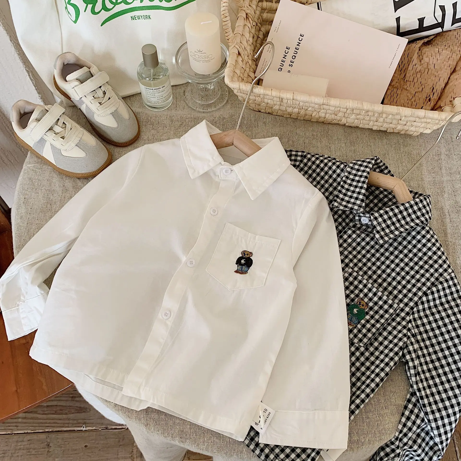 Children&rsquo;s Shirt Spring Boys and Girls Long sleeved Embroidered Plaid Flip Collar Solid Color Loose Casual Shirt Coat