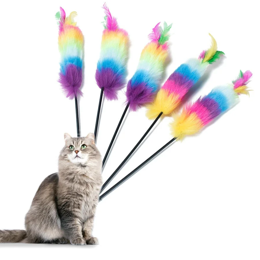 Bunter Feder-Teaser-Zauberstab, lustiger Katzenspielzeug-Teaser-Stick, interaktives Katzenspielzeug zum Spielen und Üben