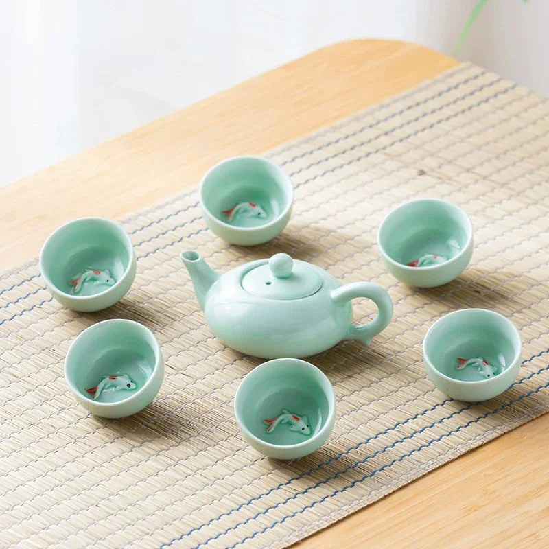 Teapot Cup Set 7pcs Tea Set Chinese Kung Fu ceramics tea Porcelain Heat Resistant Tea Cup Portable Puer Cups 1pc teapot +6pcs teacups