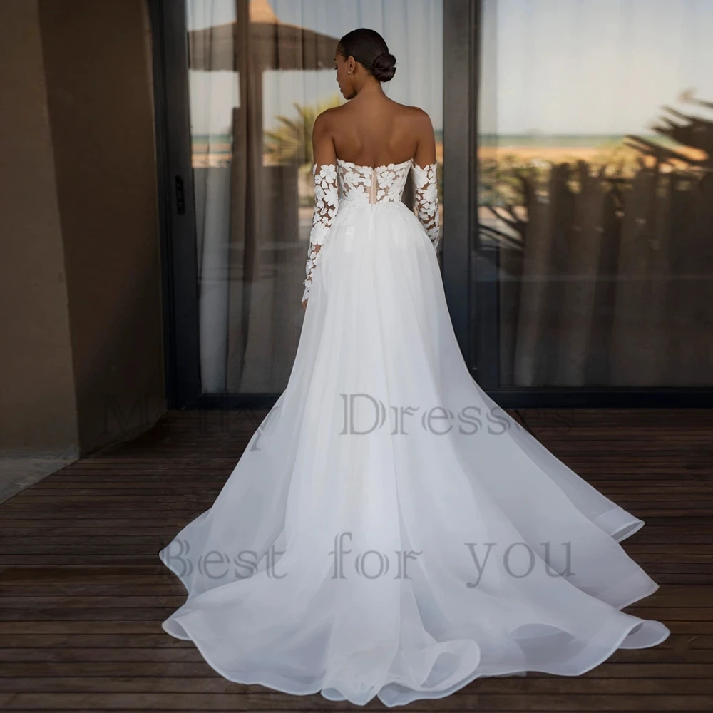 Strapless Wedding Dresses with Lace Summer Full Sleeve Side Slit Bridal Gowns for Women Vestido De Novia