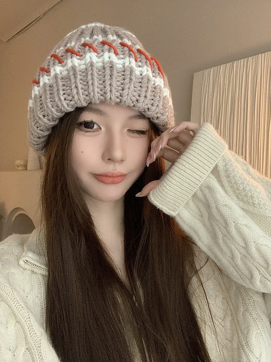 Gebreide beanie muts dames gestreept dik winter warm retro stijl_voghion.com