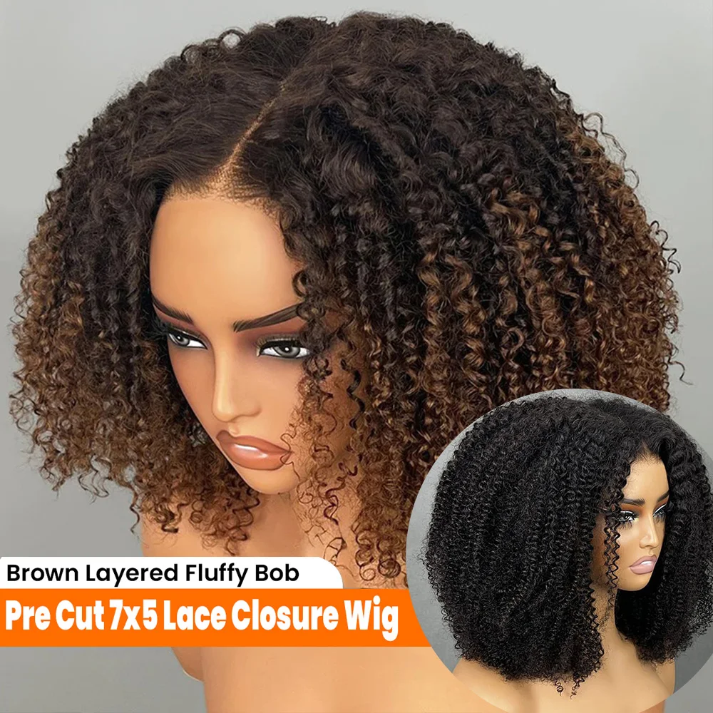 Parrucche per capelli umani con taglio a strati Biondo miele Wear & Go Glueless HD 7x5 Parrucche con chiusura in pizzo con frangia per tende Parrucche ricci crespi brasiliane