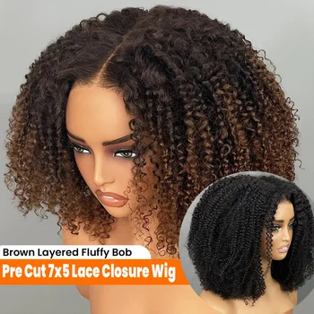 Parrucche per capelli umani con taglio a strati Biondo miele Wear & Go Glueless HD 7x5 Parrucche con chiusura in pizzo con frangia per tende Parrucche ricci crespi brasiliane