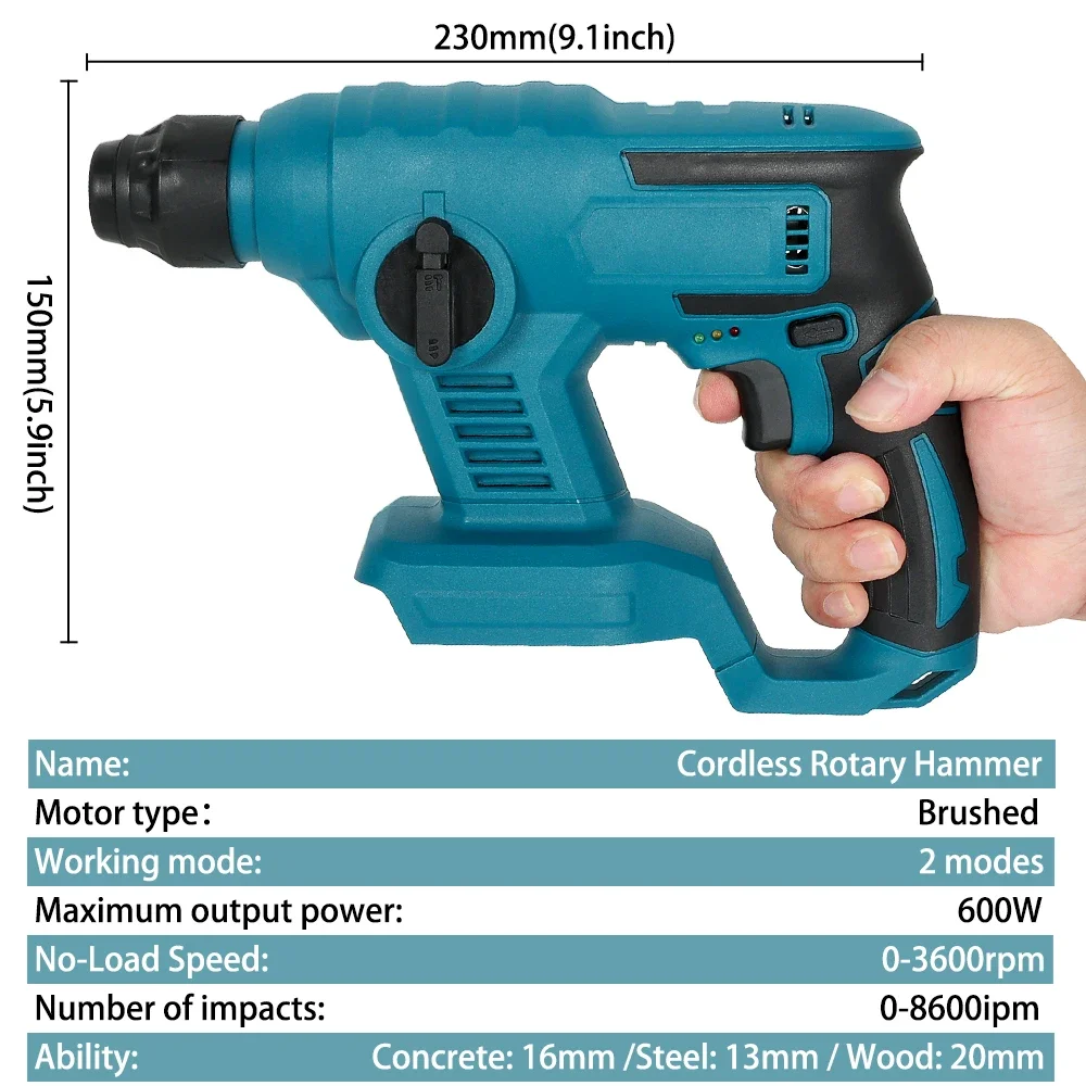 600W Cordless 3600rpm Electric Rotary Hammer Rechargeable 8600ipm Electric Hammer Drill For Makita 18V Battery 3