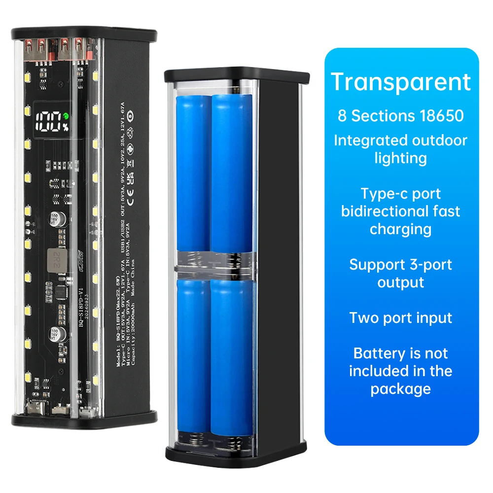Battery Storage Box Battery Holder Power Bank Case Battery Power Bank Box DIY Shell 8*18650 Battery Holder Power Bank Case DIY Kit Fast Charging Mobile Power Kits No Soldering Rechargeable Battery Box