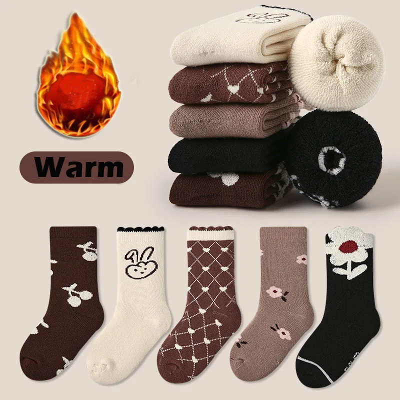 1-12T Children Socks Winter Thickened Cotton Warm Plush Sock Baby Infant Socks Kids Mid Calf Sock Boys Girls Black White Sock
