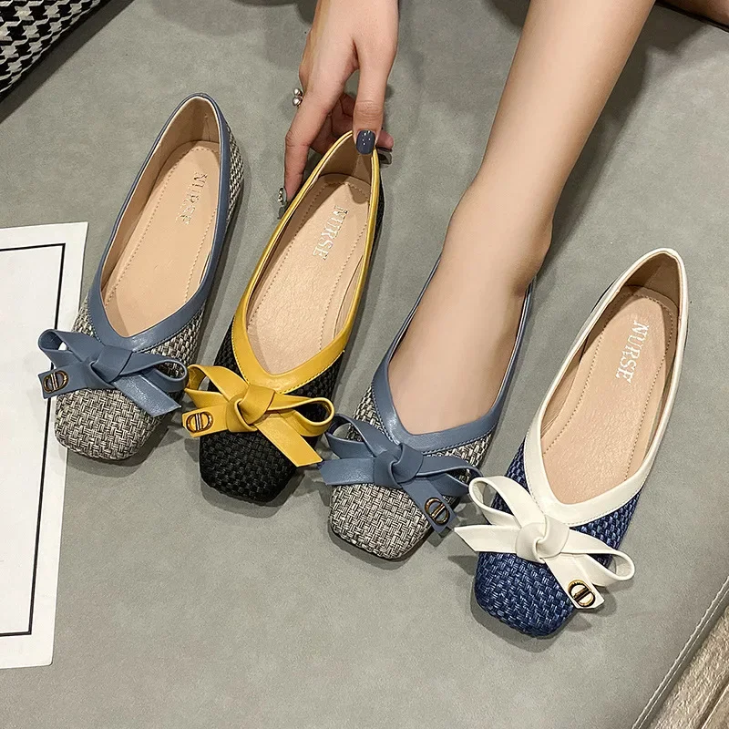 Women's Shoes Spring and Summer 2025 New Fashion Woven Bow Square Toe Flat Shoes Soft Soles Large Casual Ballet Shoes 2