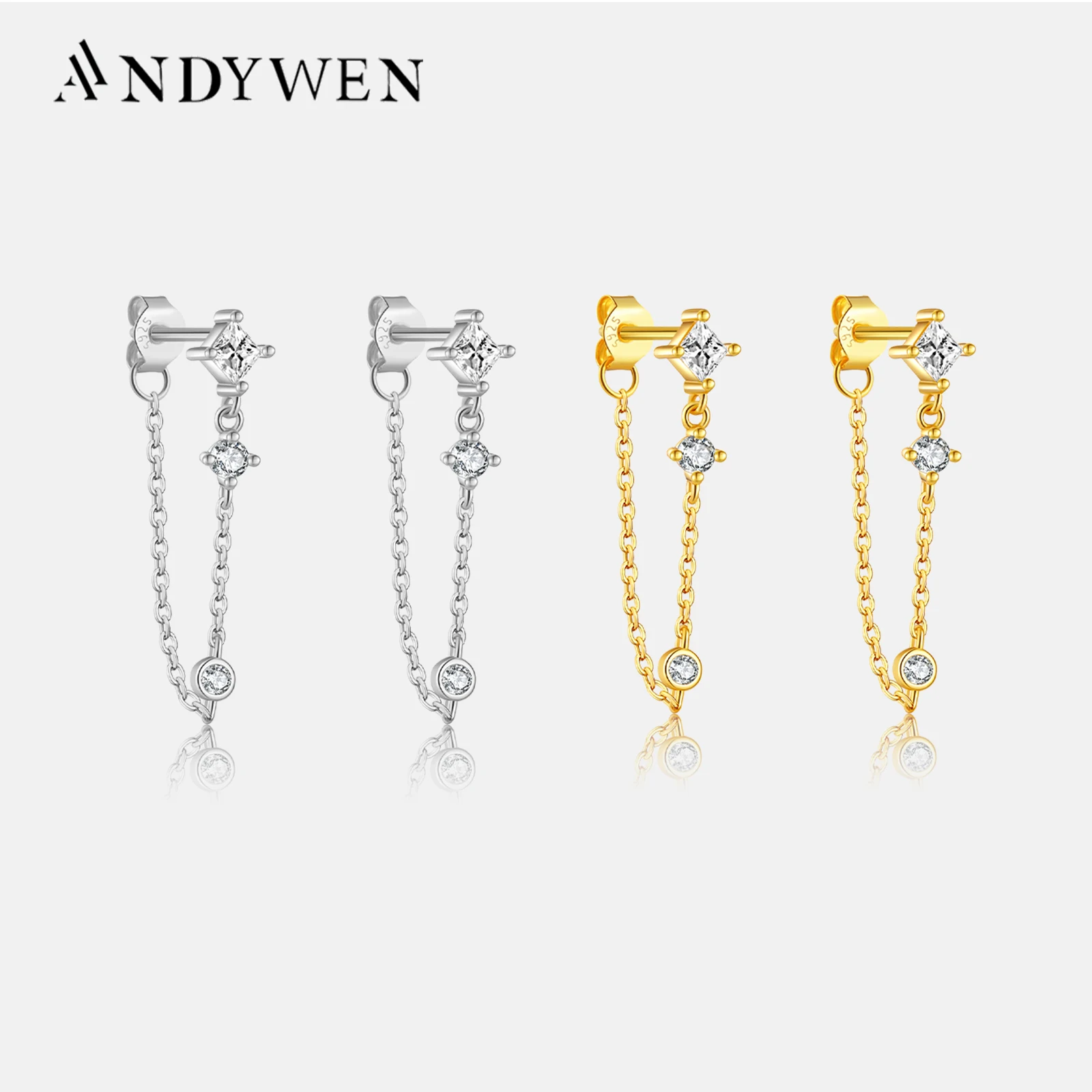 

ANDYWEN 925 Sterling Silver Gold Clear Chain Stud Earring Three Zircon Piercing Pendiente Clips Wedding Rock Punk Jewelry Gift