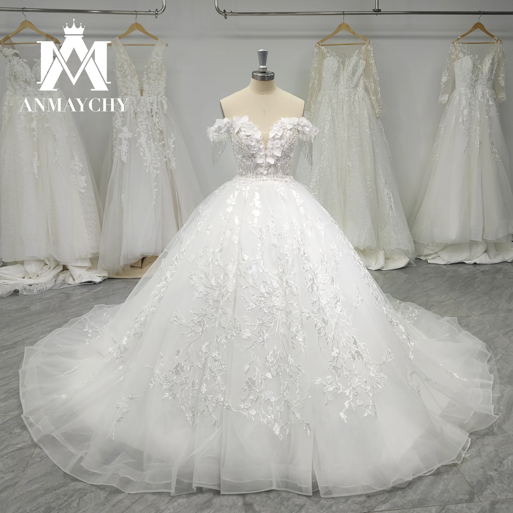 

ANMAYCHY Luxury Wedding Dresses For Women 2022 Bride Off the Shoulder Beading Flowers Lace A-Line Wedding Gown Vestidos De Novia
