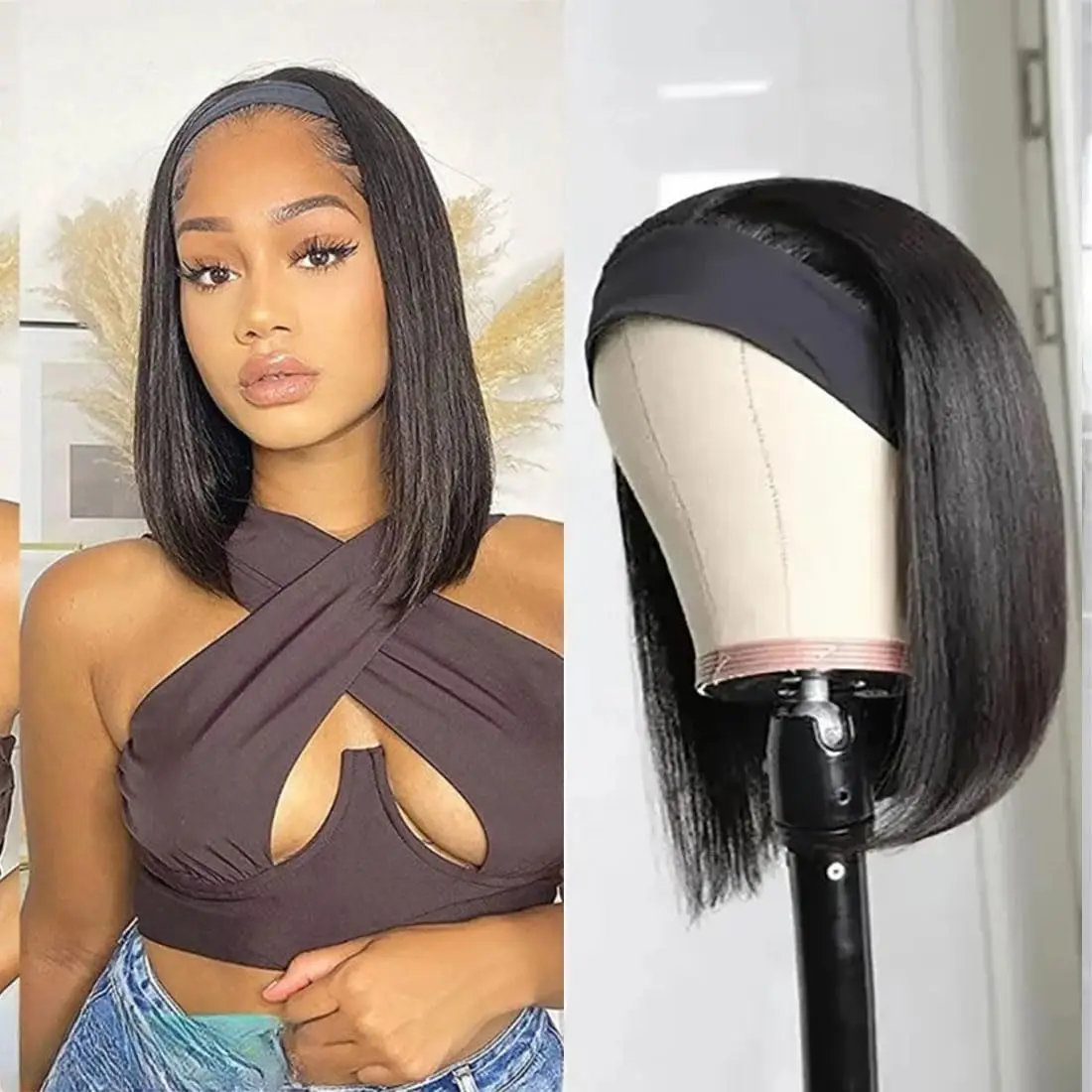 Human Hair Wigs Aircabin Straight Bob Headband Wig Human Hair Short Hairband Wigs for Women Machine Made Bob Wigs Human Hair Head band Wig