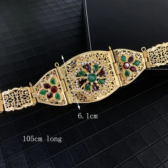 Morocco Women Caftan Belt Gold Color Red Green Stone Ethnic Wedding Dress Kaftan Abaya Metal Waist Chain Belt Jewelry Gold 8