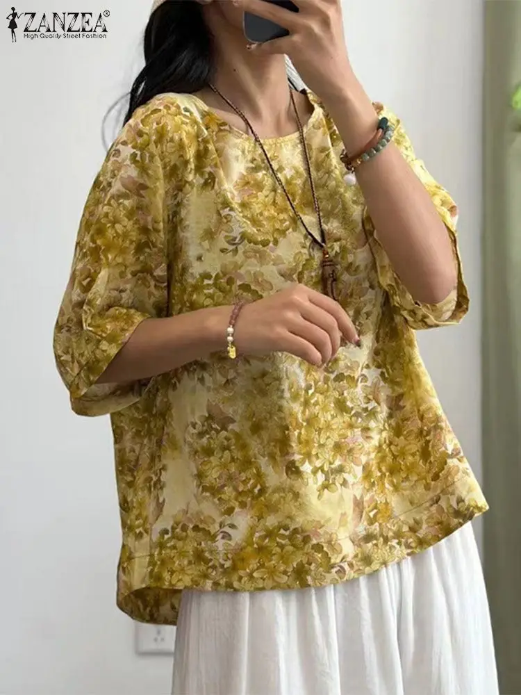 

Модная Женская Туника ZANZEA с круглым вырезом, женская блузка с цветочным принтом, лето 2024, топы с коротким рукавом, праздничные свободные блузы оверсайз