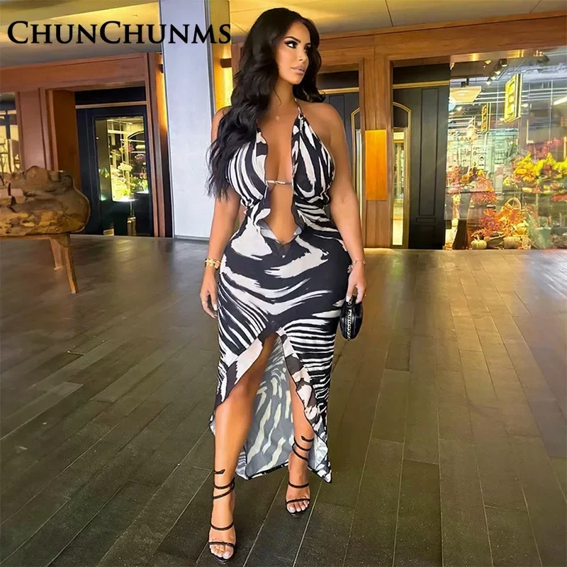 

Sexy Halter Wrap Chest Chiffon Split Dress For Women Elegant Evening Dresses V-neck Hollow Out Slim Vacation Beach Robes 2023