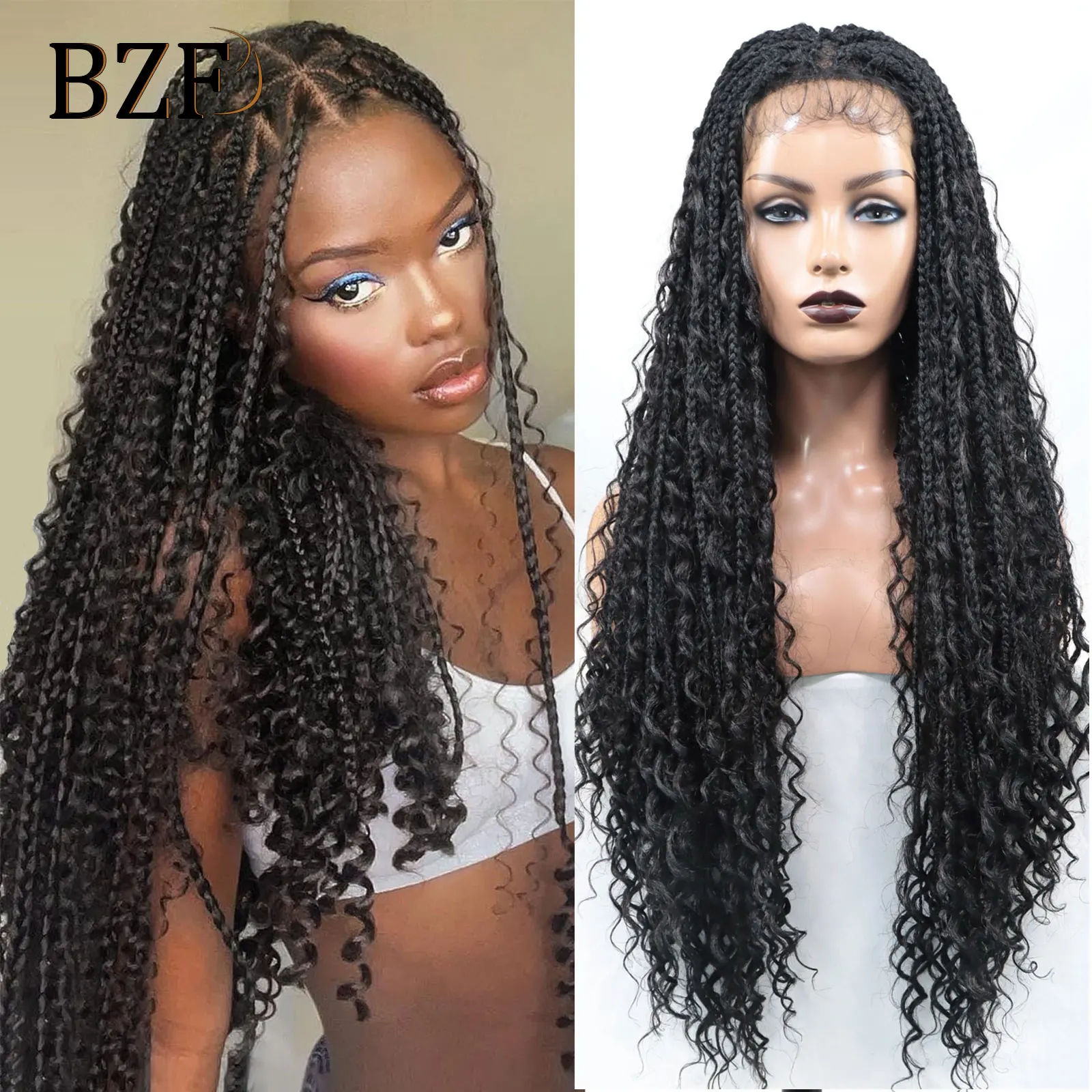 Boho Box Braid Wigs Curly Ends Square Part Braided Lace Front Wigs