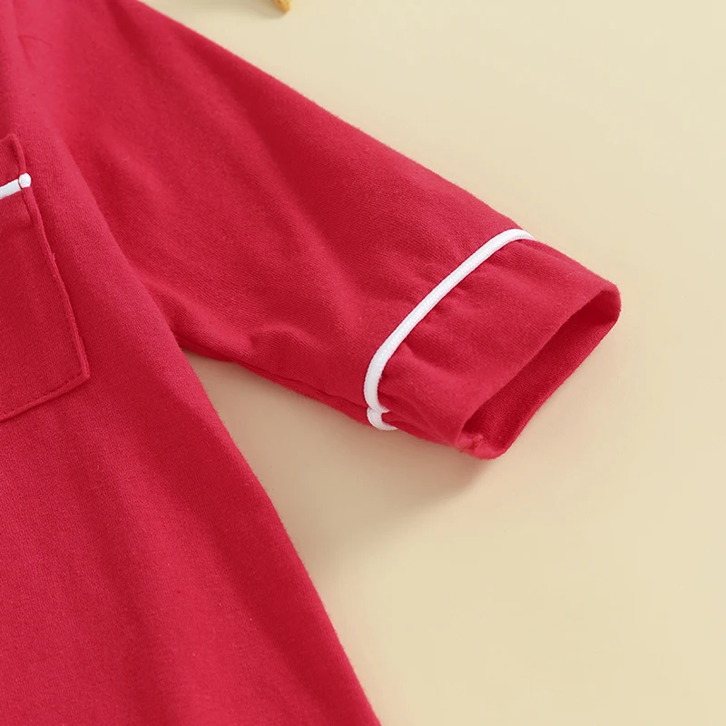 Baby Girls Summer Jumpsuit Pajama Red Long Sleeve Lapel Button Up Sleepwear Romper