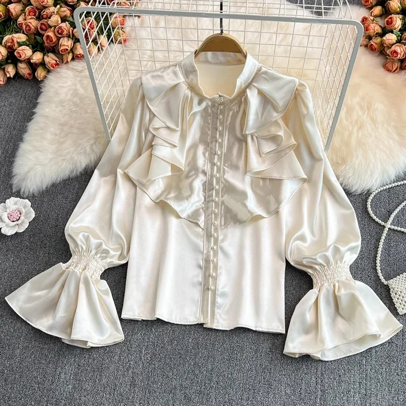 

Vintage White Acetate Satin Shirt New Flare Long Sleeve Standing Collar Ruffled Blouse Women French Style Loose Lady Tops 29939