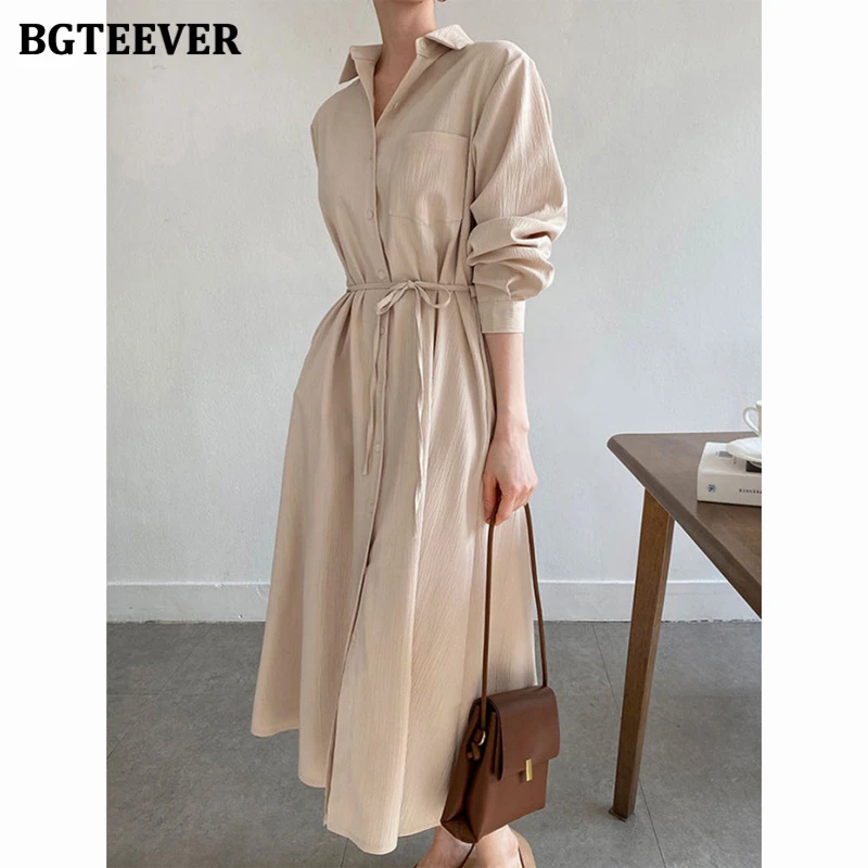 

BGTEEVER Casual Turn-down Collar Loose Pockets Female Dress Long Sleeve Single-breasted Lace-up Women Dress